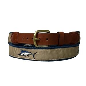 Leather Man Ltd Mens 46 Ribbon Belt Navy Tan Striped Top Grain Leather Brass CT